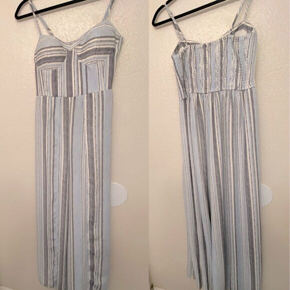 Xhilaration blue vertical stripe split leg jumpsuit corset smocked top suit S - Picture 2 of 14